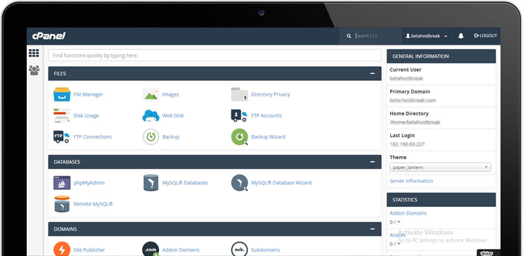 A visual showing logged-in cpanel dashboard in tablet